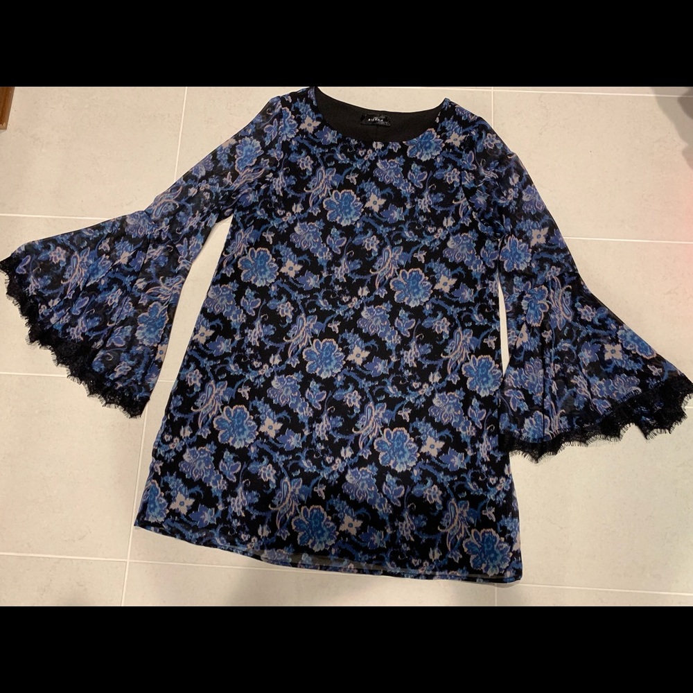 Blue Paisley Lace Bell Sleeve Swing Dress